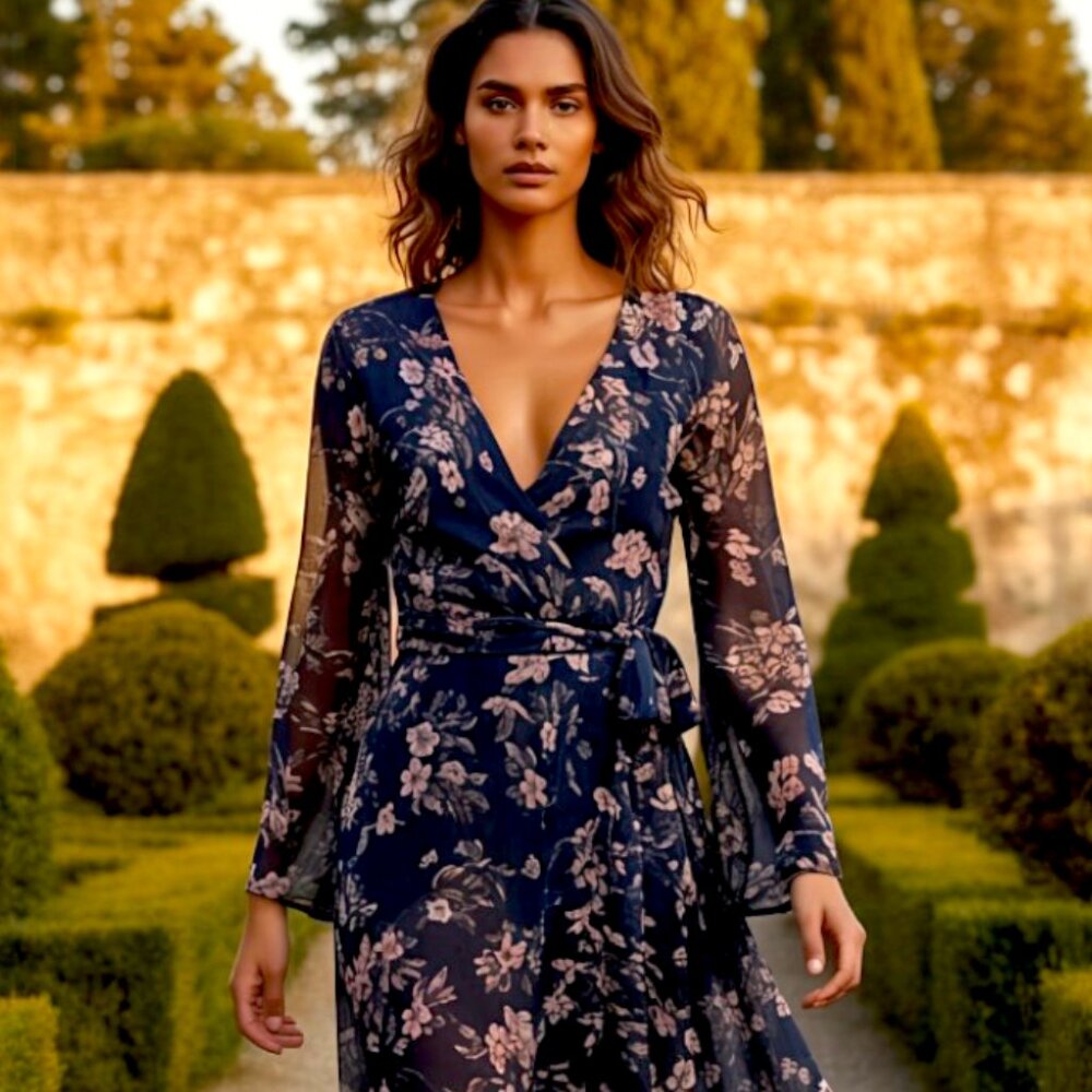 Loveriche rich Navy + Cherry Blossoms Bell Sleeve Dress Faux Wrap Neckline
